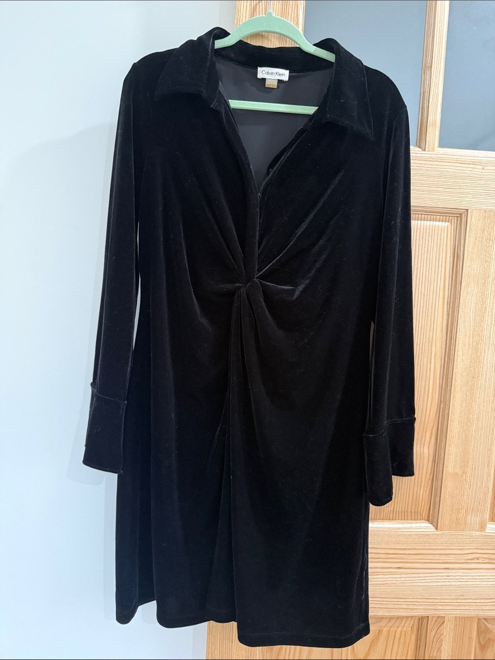 Calvin Klein Black Velvet Knot-Front Long Sleeve Dress